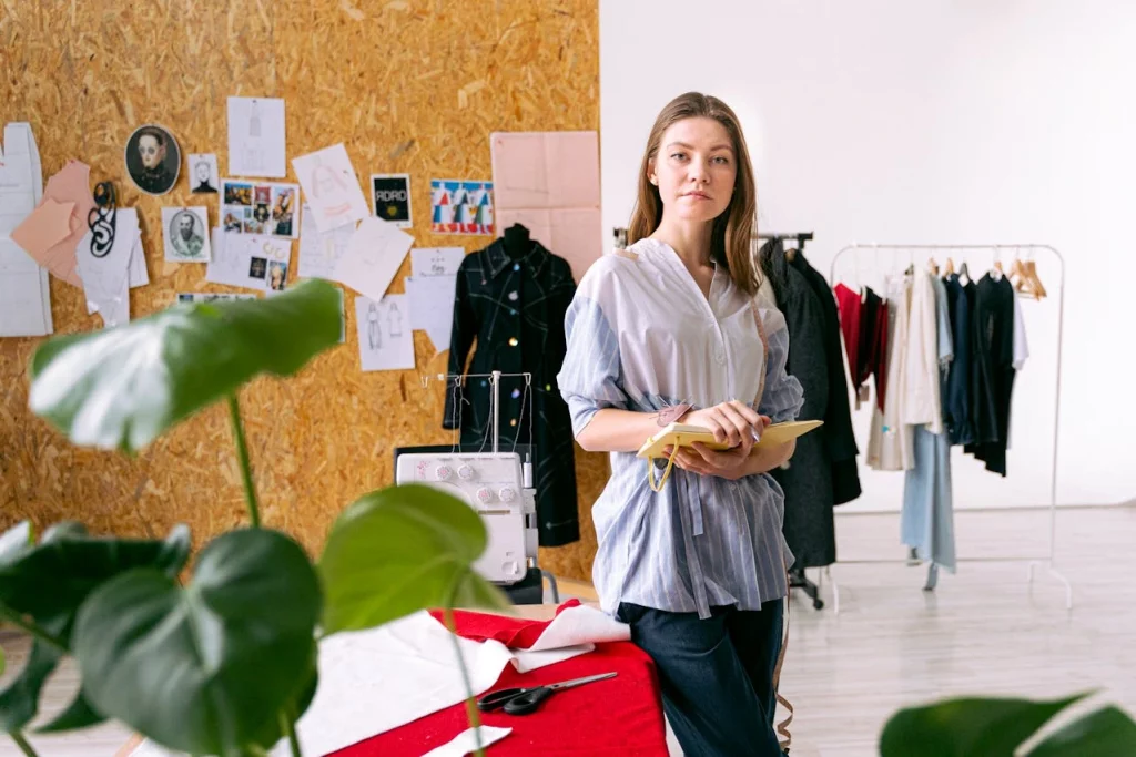 Lady in blue and white shirt desiging garments in workshop Merchandising Efficiency creation by a blonde woman in blue and white top while having her designs and garments in the background
