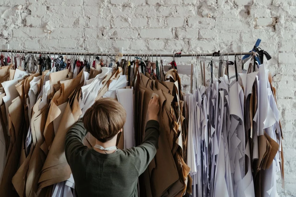 the myth of sustainable fashion where a woman in green top is selecting from a profile of cloths and papers being hanged on a stand