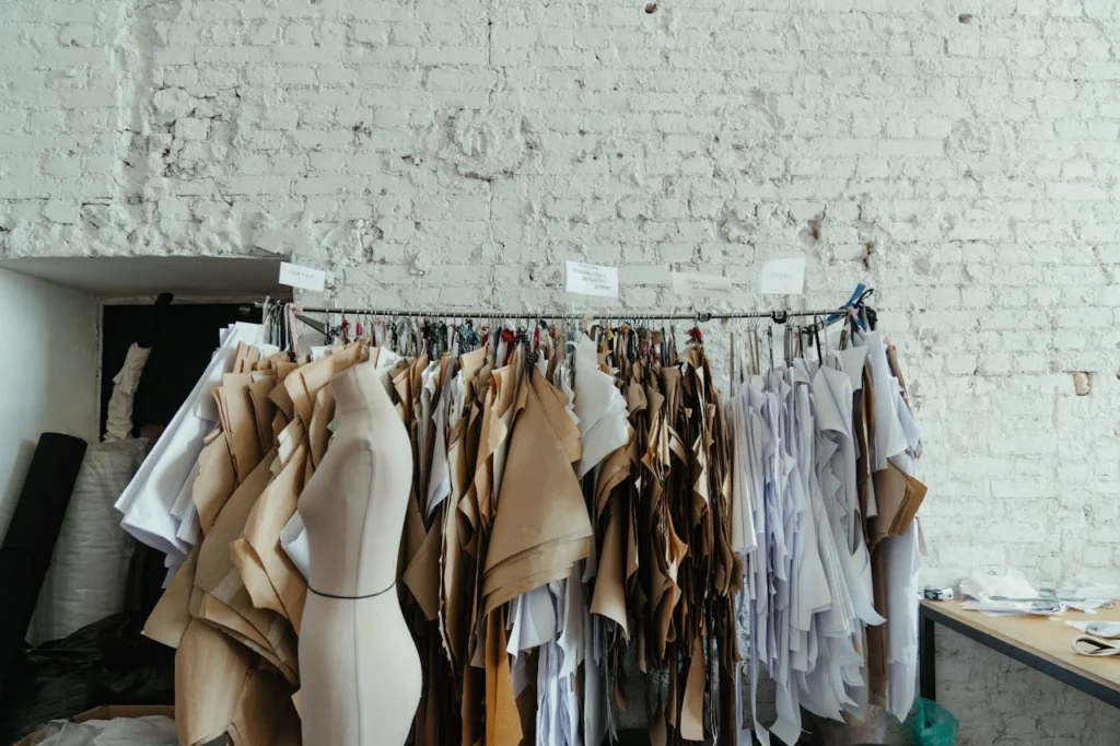 A fashion studio workspace with a mannequin beside a rack full of brown and white clothing patterns hanging against a textured white brick wall. The scene highlights garment design materials and tailoring preparation in a creative atelier environment.