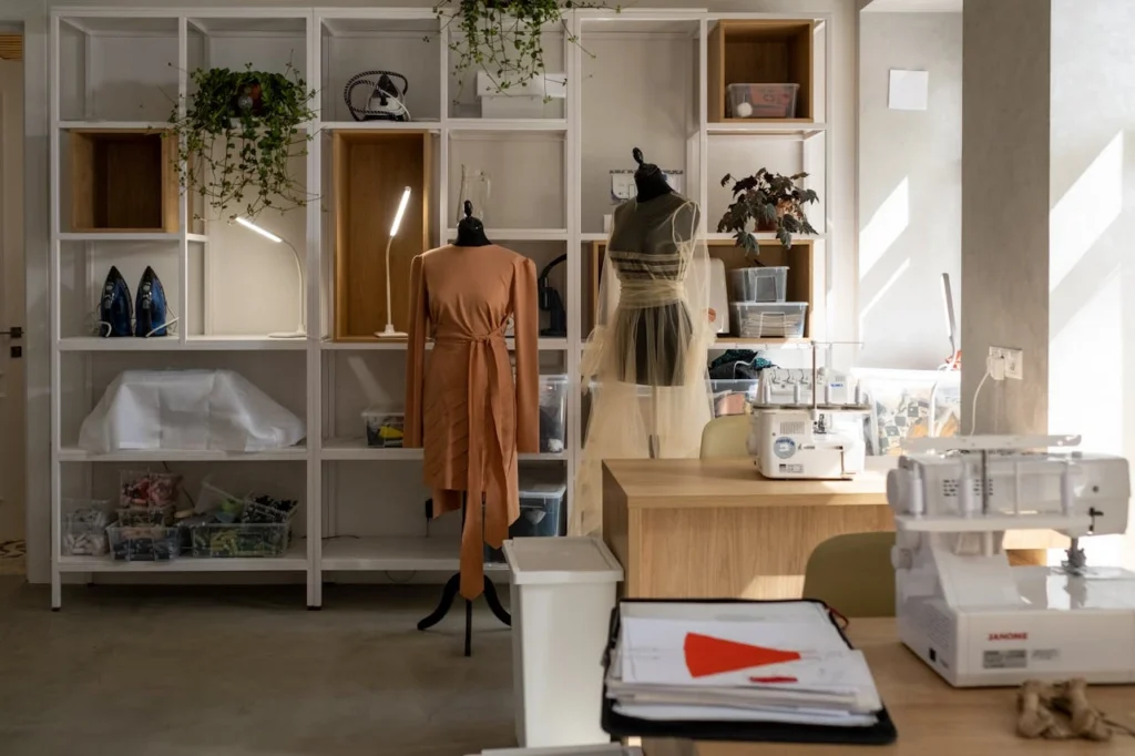In a Fashion Product Development environment a bright sewing studio with mannequins dressed in partially completed outfits, a sewing machine on a wooden desk, and organized shelves filled with fabrics and tools. The room reflects a professional fashion design workspace with natural light and modern storage units.